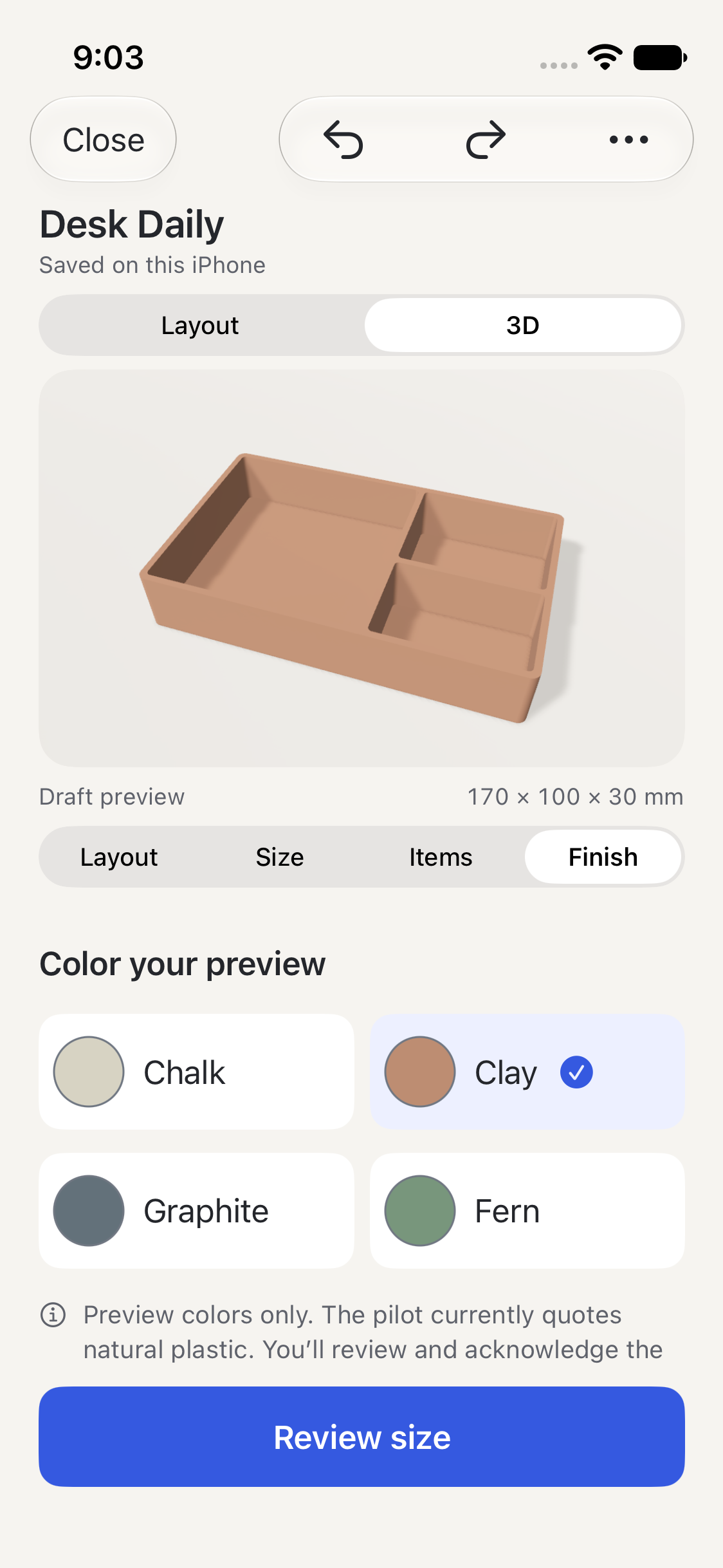 formuno finish preview showing a clay-colored tray and the available sample color choices.