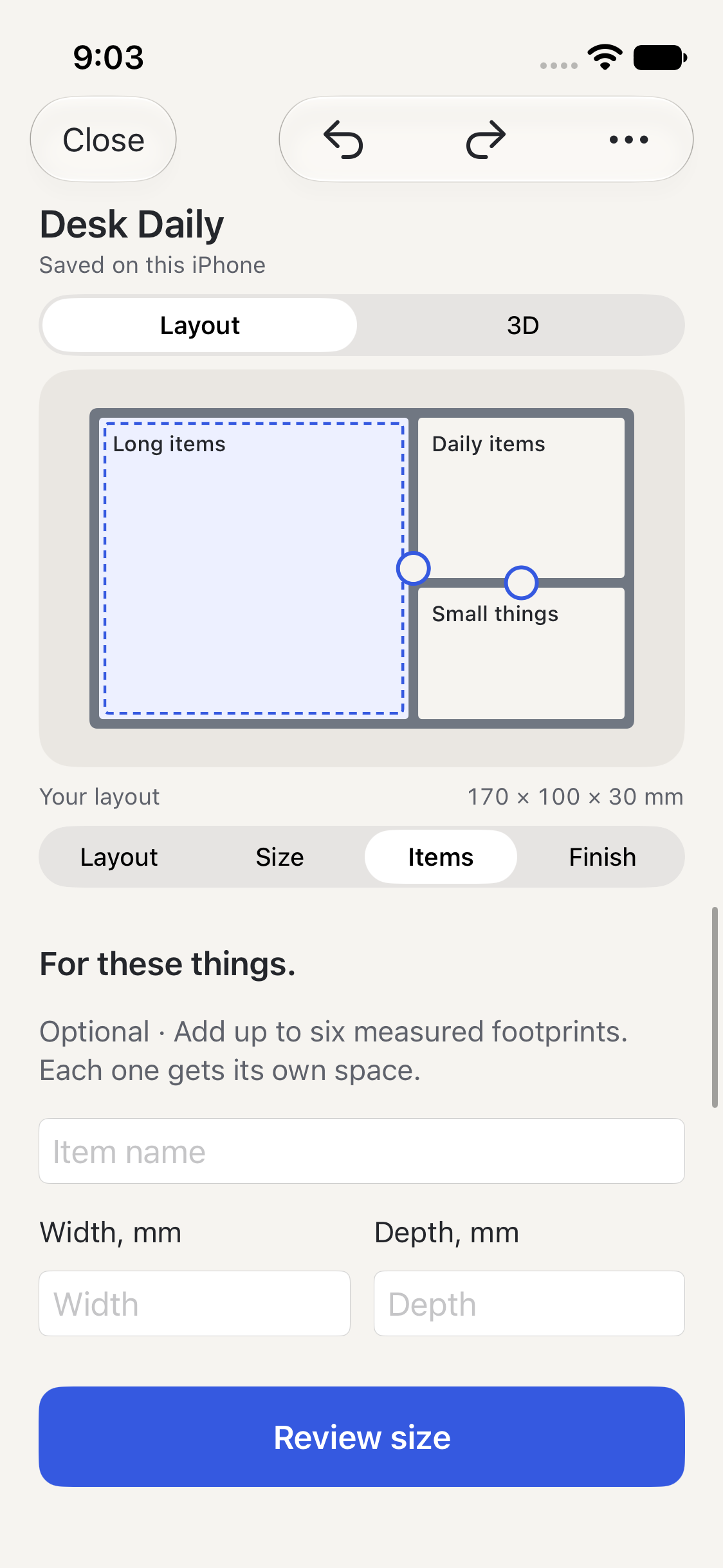 formuno measured-item controls for adding item footprints and checking their size inside an organizer.