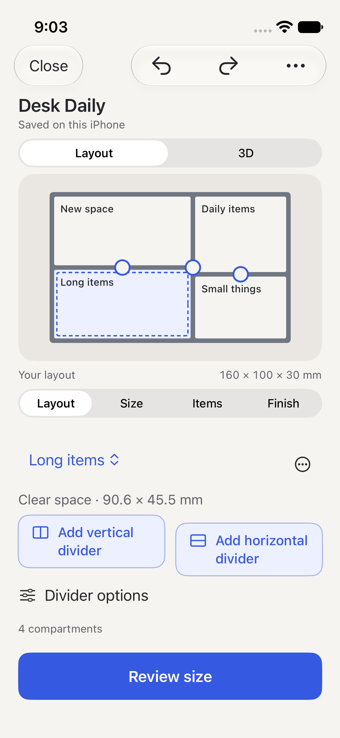 The formuno layout editor showing a top-down tray with editable compartments and divider controls.