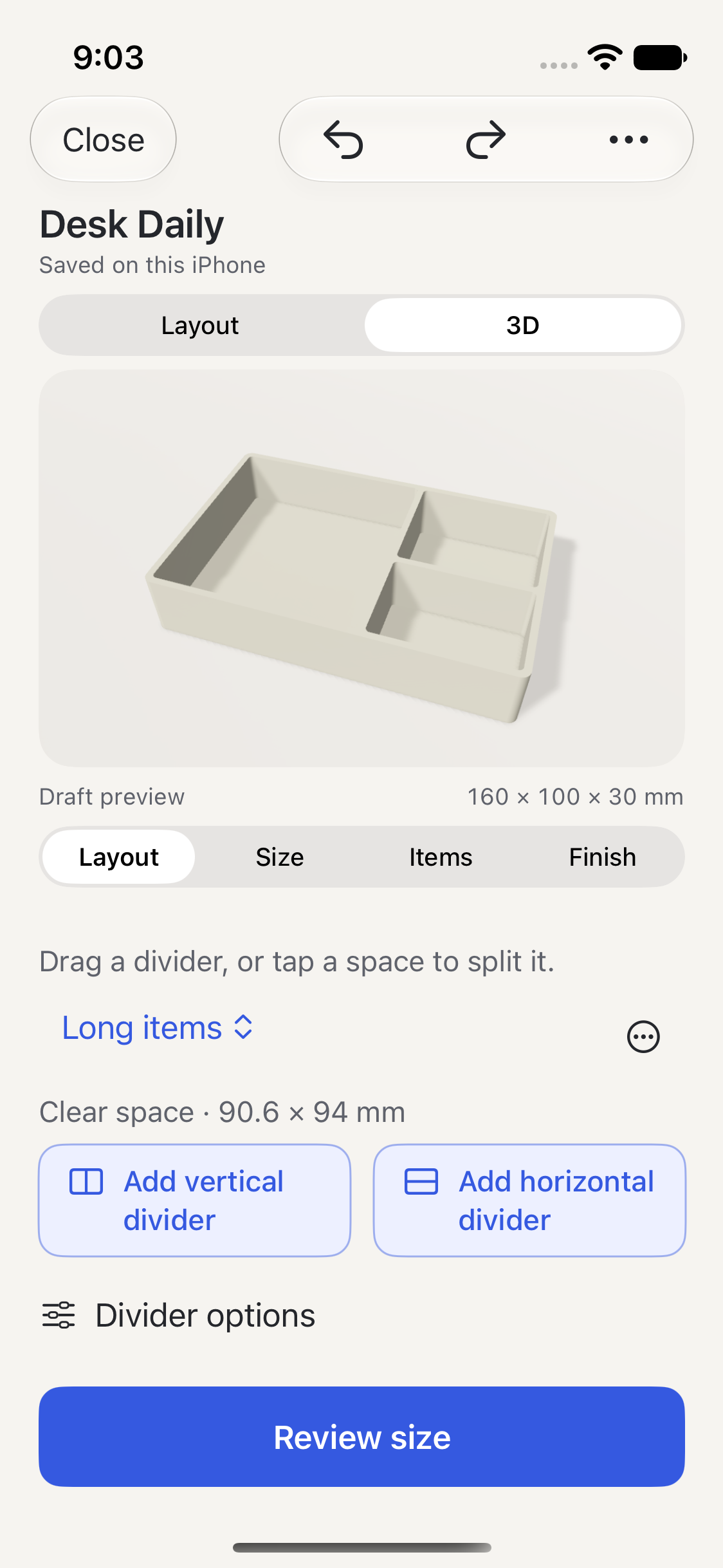 formuno iPhone editor showing a three-compartment tray, its 160 by 100 by 30 millimeter dimensions, and design tools.